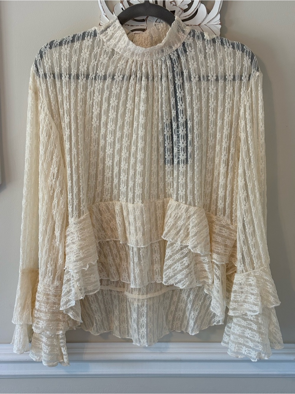 Ivory Lace Ruffle High-Neck Blouse - Picture 1 of 16